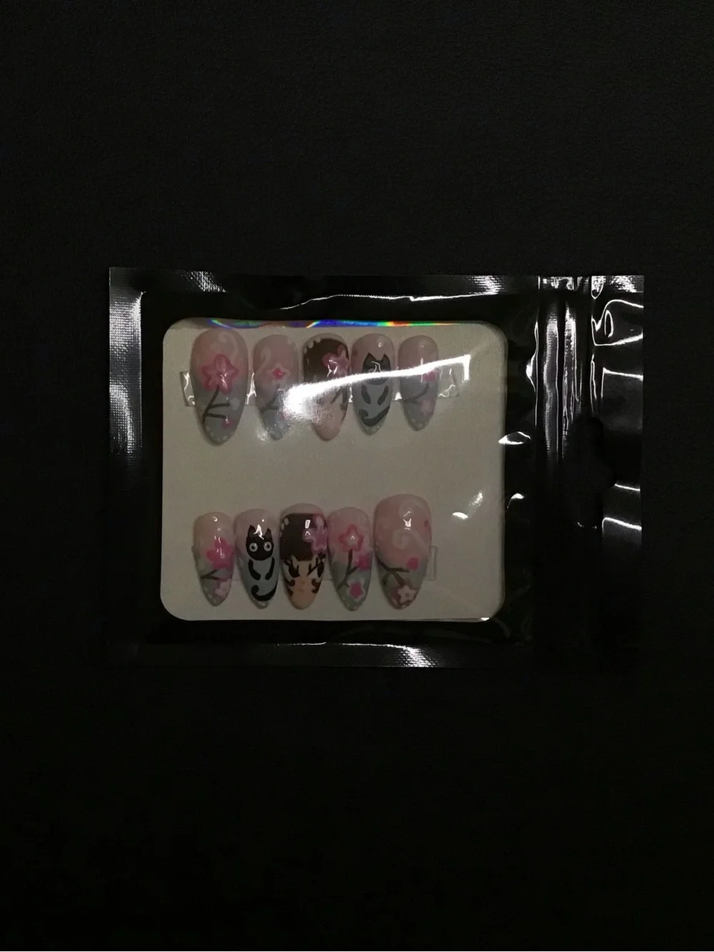 Hand-Painted Pink Floral & Character Press-On Nails